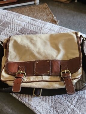 Fossil Beige Canvas Messenger with Brown Leather Trim